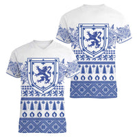 Scottish Christmas Women V-Neck T-Shirt Scotland Thistle and Celtic Knot White-Blue Color - Wonder Print Shop