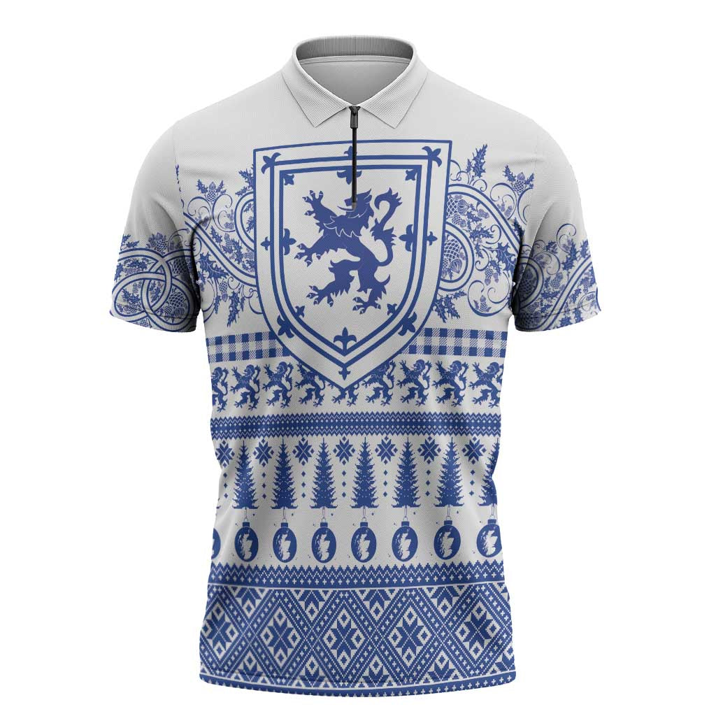 Scottish Christmas Zipper Polo Shirt Scotland Thistle and Celtic Knot White-Blue Color - Wonder Print Shop