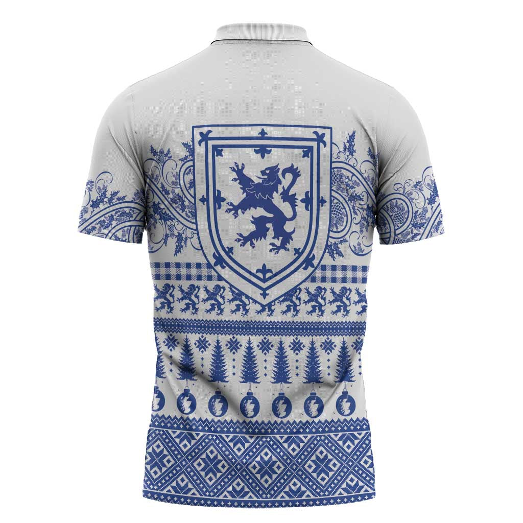 Scottish Christmas Zipper Polo Shirt Scotland Thistle and Celtic Knot White-Blue Color - Wonder Print Shop