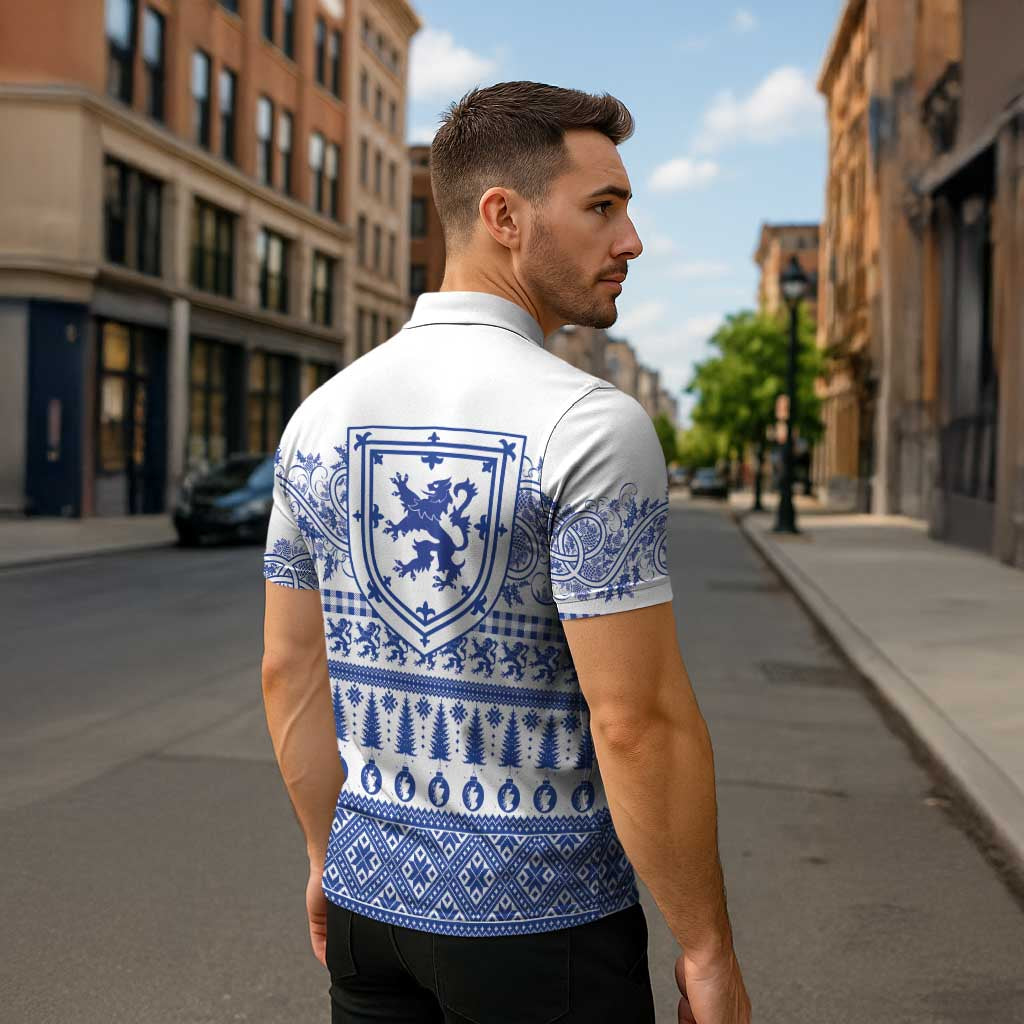 Scottish Christmas Zipper Polo Shirt Scotland Thistle and Celtic Knot White-Blue Color - Wonder Print Shop