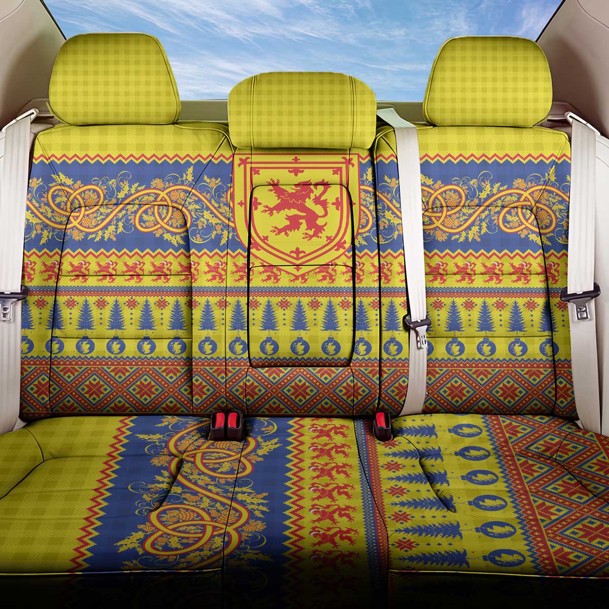 Scottish Christmas Back Car Seat Cover Scotland Thistle and Celtic Knot Yellow-Red Color - Wonder Print Shop