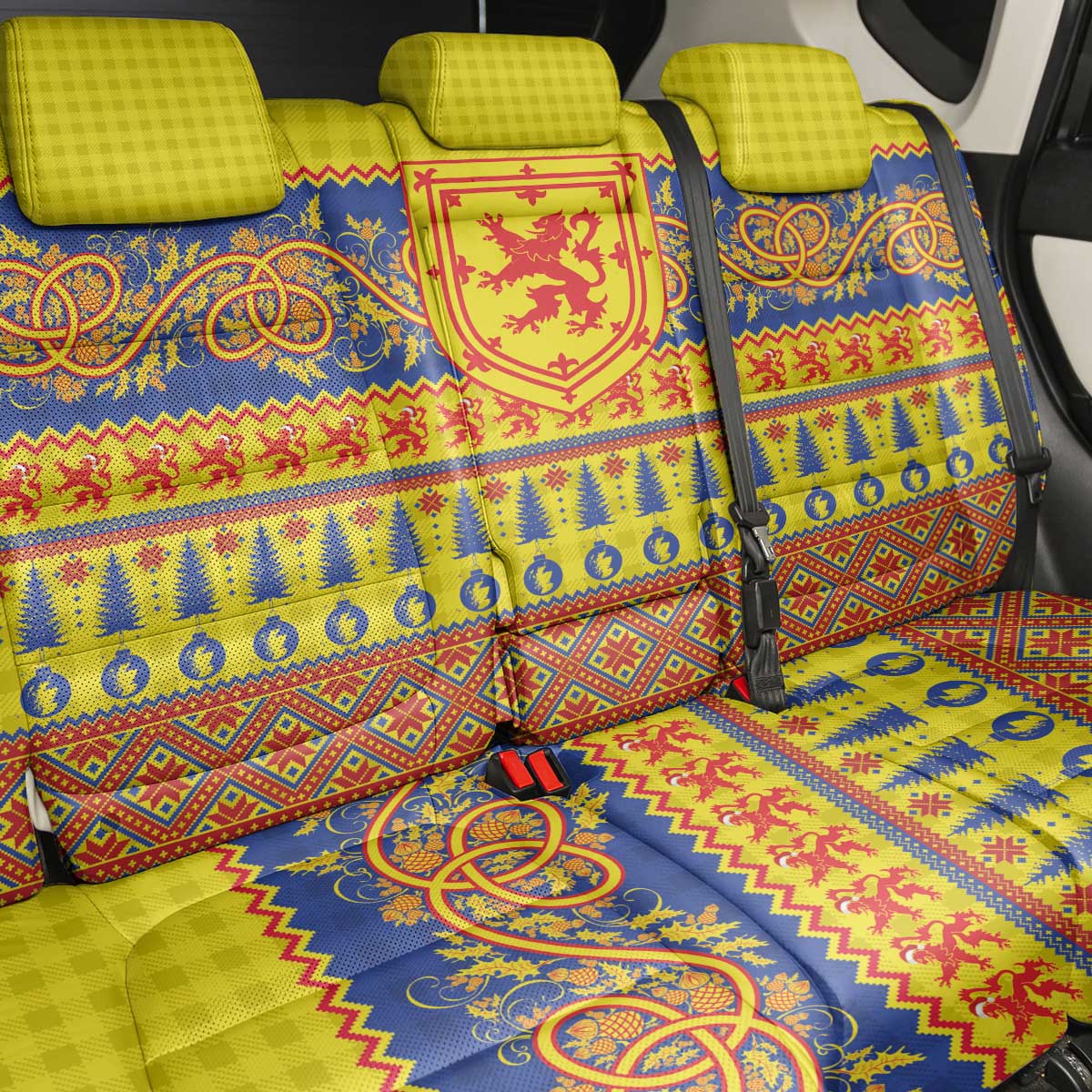 Scottish Christmas Back Car Seat Cover Scotland Thistle and Celtic Knot Yellow-Red Color - Wonder Print Shop