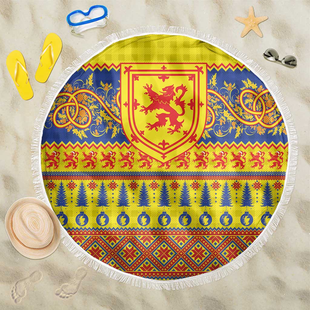 Scottish Christmas Beach Blanket Scotland Thistle and Celtic Knot Yellow-Red Color - Wonder Print Shop