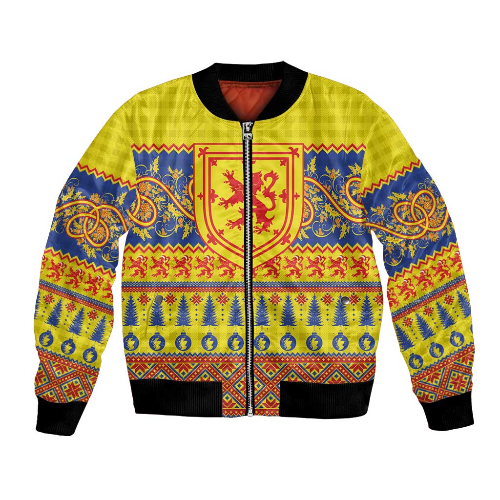 Scottish Christmas Bomber Jacket Scotland Thistle and Celtic Knot Yellow-Red Color - Wonder Print Shop
