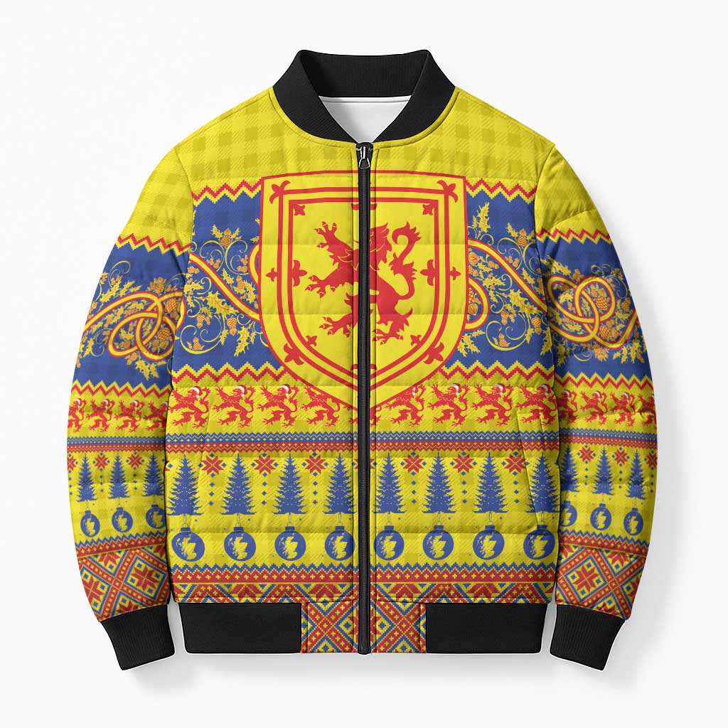 Scottish Christmas Bomber Puffer Jacket Scotland Thistle and Celtic Knot Yellow-Red Color - Wonder Print Shop