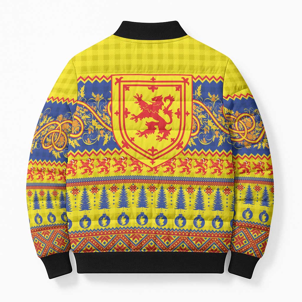Scottish Christmas Bomber Puffer Jacket Scotland Thistle and Celtic Knot Yellow-Red Color - Wonder Print Shop