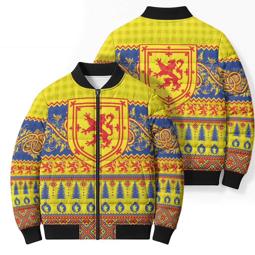 Scottish Christmas Bomber Puffer Jacket Scotland Thistle and Celtic Knot Yellow-Red Color - Wonder Print Shop
