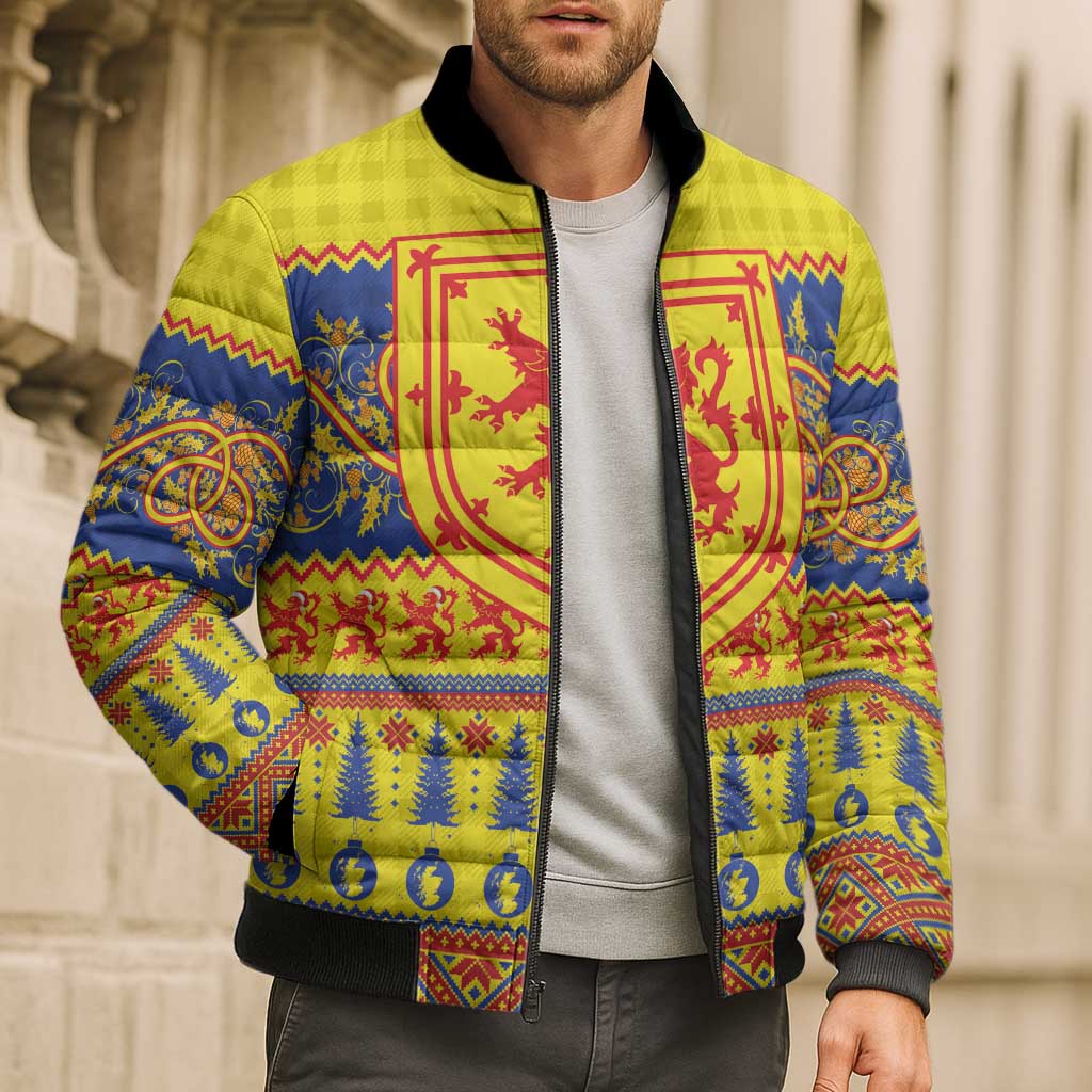 Scottish Christmas Bomber Puffer Jacket Scotland Thistle and Celtic Knot Yellow-Red Color - Wonder Print Shop