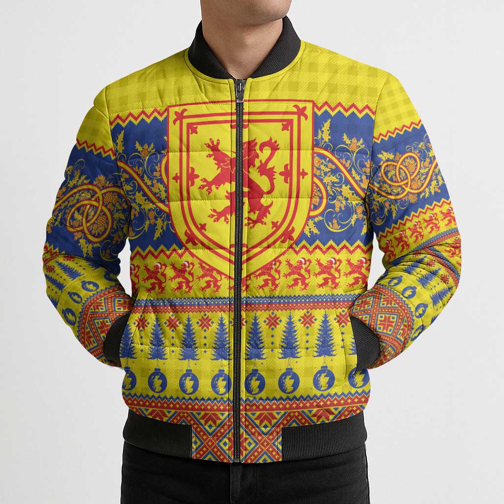 Scottish Christmas Bomber Puffer Jacket Scotland Thistle and Celtic Knot Yellow-Red Color - Wonder Print Shop