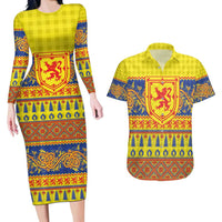 Scottish Christmas Couples Matching Long Sleeve Bodycon Dress and Hawaiian Shirt Scotland Thistle and Celtic Knot Yellow-Red Color - Wonder Print Shop