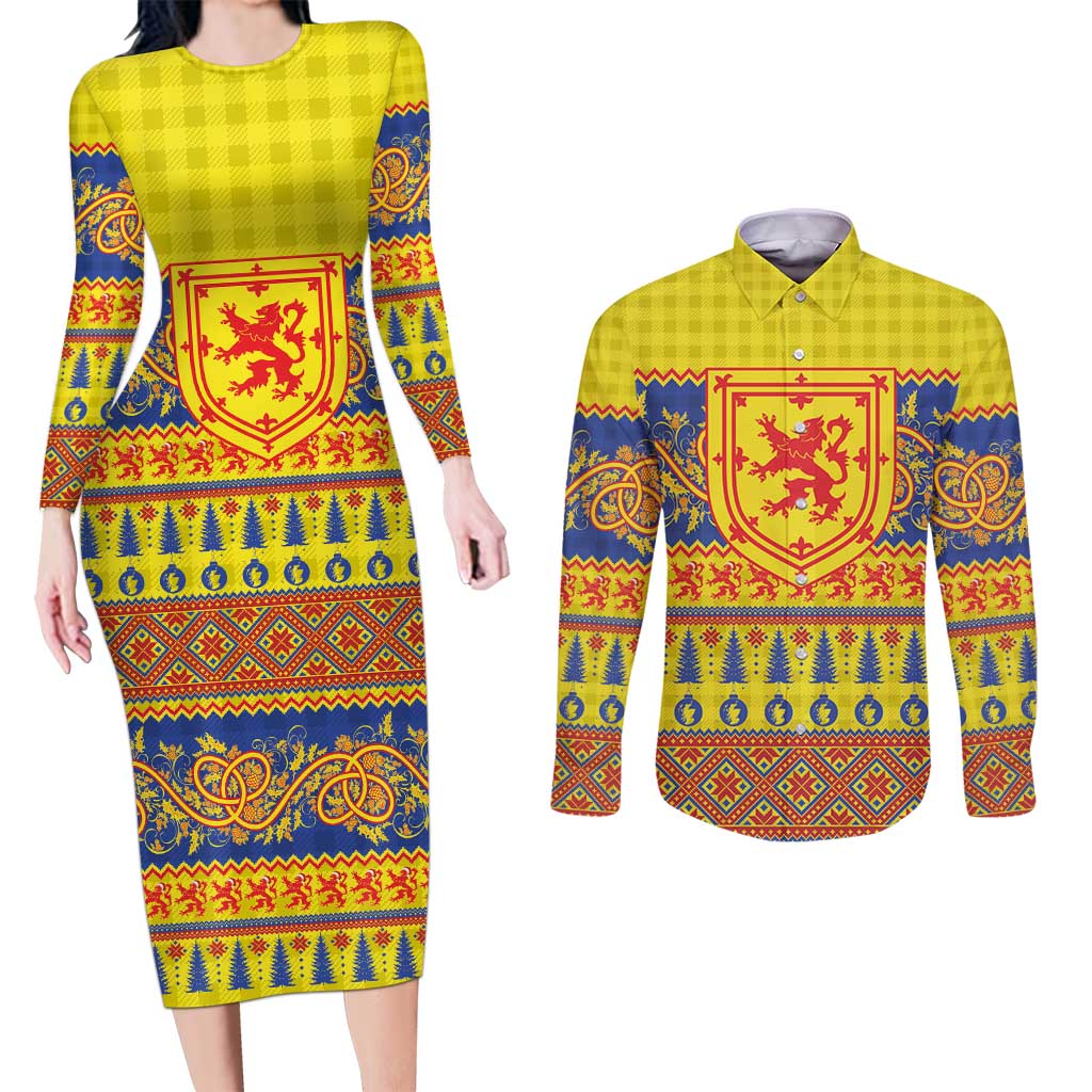 Scottish Christmas Couples Matching Long Sleeve Bodycon Dress and Long Sleeve Button Shirt Scotland Thistle and Celtic Knot Yellow-Red Color - Wonder Print Shop