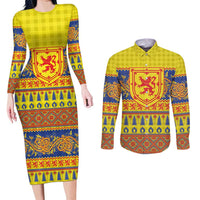 Scottish Christmas Couples Matching Long Sleeve Bodycon Dress and Long Sleeve Button Shirt Scotland Thistle and Celtic Knot Yellow-Red Color - Wonder Print Shop