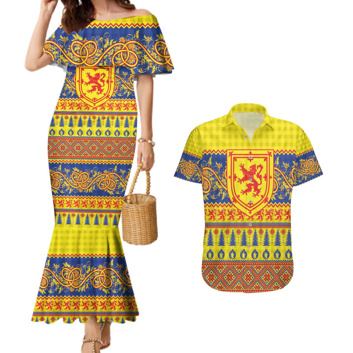 Scottish Christmas Couples Matching Mermaid Dress and Hawaiian Shirt Scotland Thistle and Celtic Knot Yellow-Red Color - Wonder Print Shop