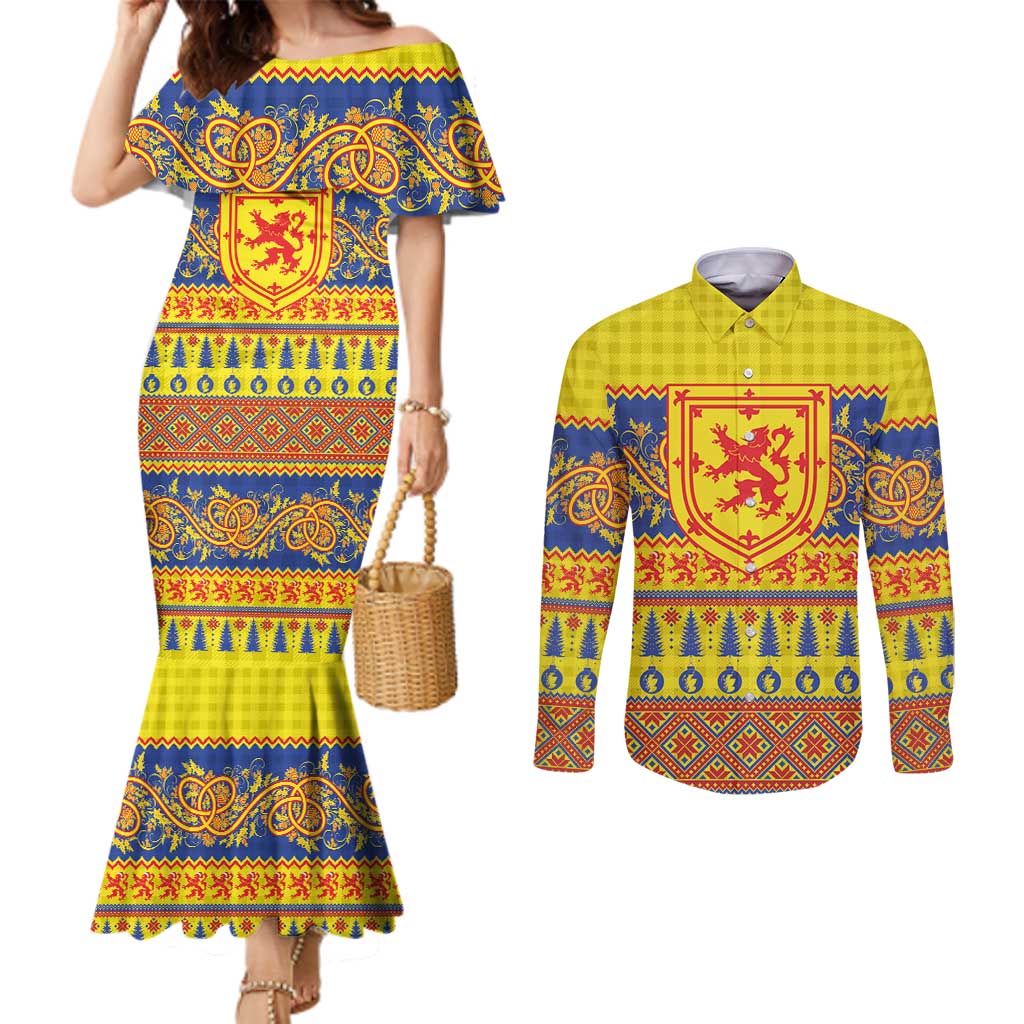 Scottish Christmas Couples Matching Mermaid Dress and Long Sleeve Button Shirt Scotland Thistle and Celtic Knot Yellow-Red Color - Wonder Print Shop
