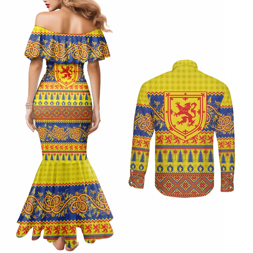 Scottish Christmas Couples Matching Mermaid Dress and Long Sleeve Button Shirt Scotland Thistle and Celtic Knot Yellow-Red Color - Wonder Print Shop