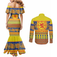 Scottish Christmas Couples Matching Mermaid Dress and Long Sleeve Button Shirt Scotland Thistle and Celtic Knot Yellow-Red Color - Wonder Print Shop