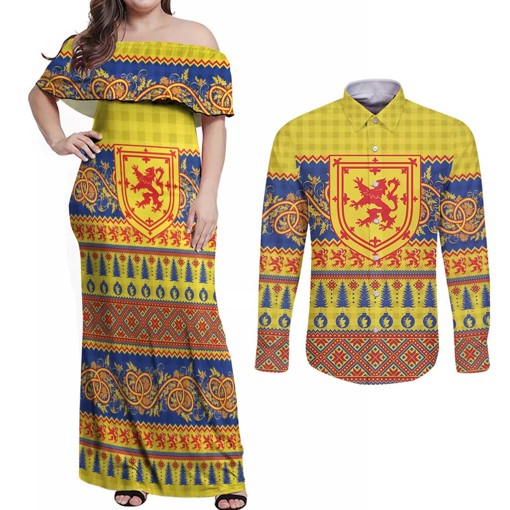 Scottish Christmas Couples Matching Off Shoulder Maxi Dress and Long Sleeve Button Shirt Scotland Thistle and Celtic Knot Yellow-Red Color - Wonder Print Shop