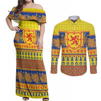 Scottish Christmas Couples Matching Off Shoulder Maxi Dress and Long Sleeve Button Shirt Scotland Thistle and Celtic Knot Yellow-Red Color - Wonder Print Shop