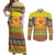 Scottish Christmas Couples Matching Off Shoulder Maxi Dress and Long Sleeve Button Shirt Scotland Thistle and Celtic Knot Yellow-Red Color - Wonder Print Shop