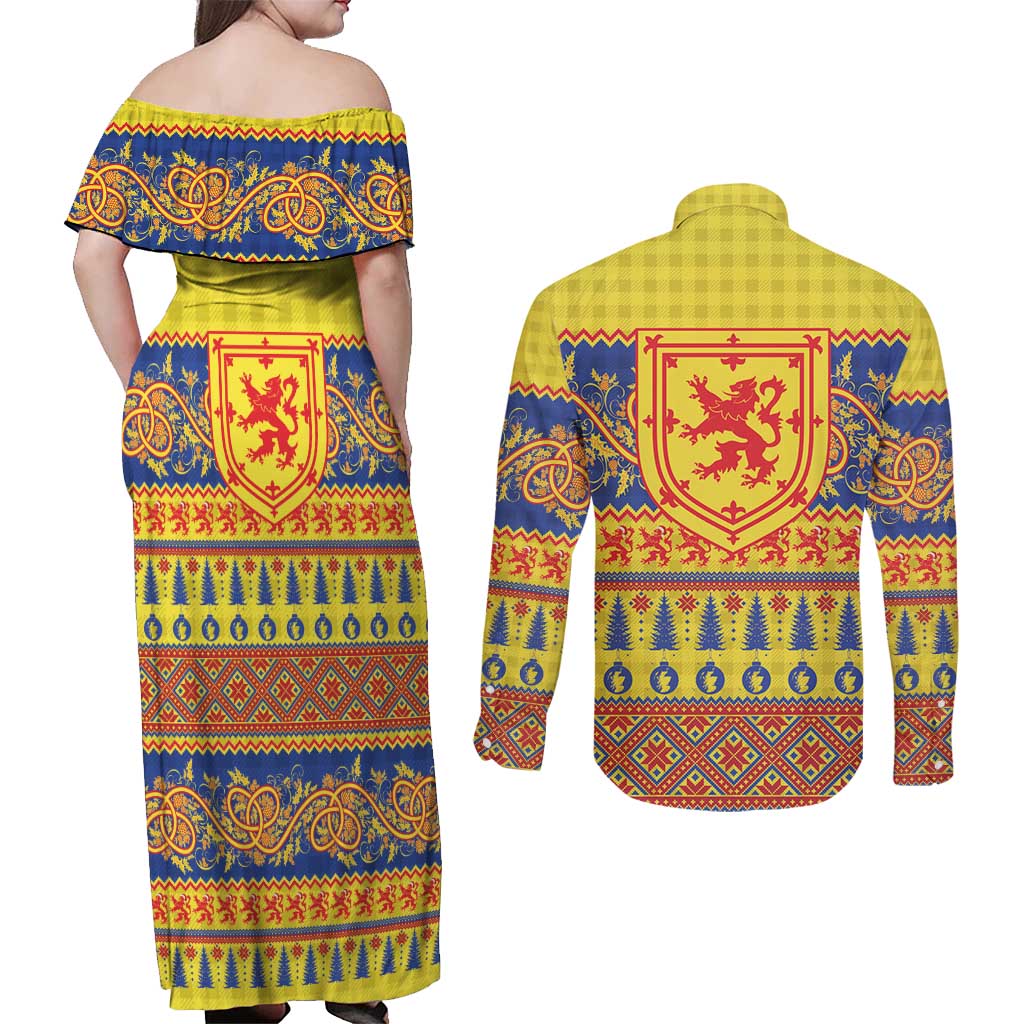 Scottish Christmas Couples Matching Off Shoulder Maxi Dress and Long Sleeve Button Shirt Scotland Thistle and Celtic Knot Yellow-Red Color - Wonder Print Shop