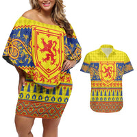 Scottish Christmas Couples Matching Off Shoulder Short Dress and Hawaiian Shirt Scotland Thistle and Celtic Knot Yellow-Red Color - Wonder Print Shop