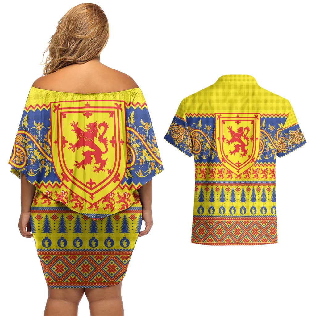 Scottish Christmas Couples Matching Off Shoulder Short Dress and Hawaiian Shirt Scotland Thistle and Celtic Knot Yellow-Red Color - Wonder Print Shop
