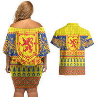 Scottish Christmas Couples Matching Off Shoulder Short Dress and Hawaiian Shirt Scotland Thistle and Celtic Knot Yellow-Red Color - Wonder Print Shop