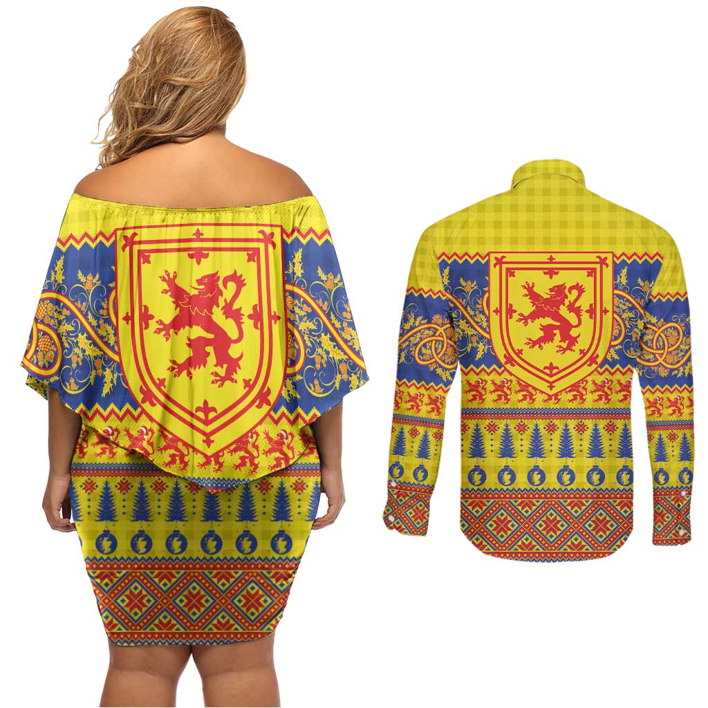 Scottish Christmas Couples Matching Off Shoulder Short Dress and Long Sleeve Button Shirt Scotland Thistle and Celtic Knot Yellow-Red Color - Wonder Print Shop