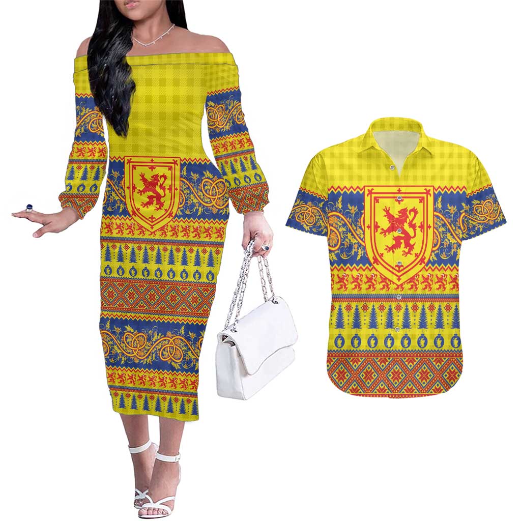 Scottish Christmas Couples Matching Off The Shoulder Long Sleeve Dress and Hawaiian Shirt Scotland Thistle and Celtic Knot Yellow-Red Color - Wonder Print Shop