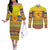 Scottish Christmas Couples Matching Off The Shoulder Long Sleeve Dress and Long Sleeve Button Shirt Scotland Thistle and Celtic Knot Yellow-Red Color - Wonder Print Shop