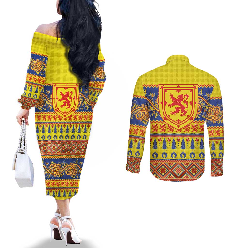 Scottish Christmas Couples Matching Off The Shoulder Long Sleeve Dress and Long Sleeve Button Shirt Scotland Thistle and Celtic Knot Yellow-Red Color - Wonder Print Shop