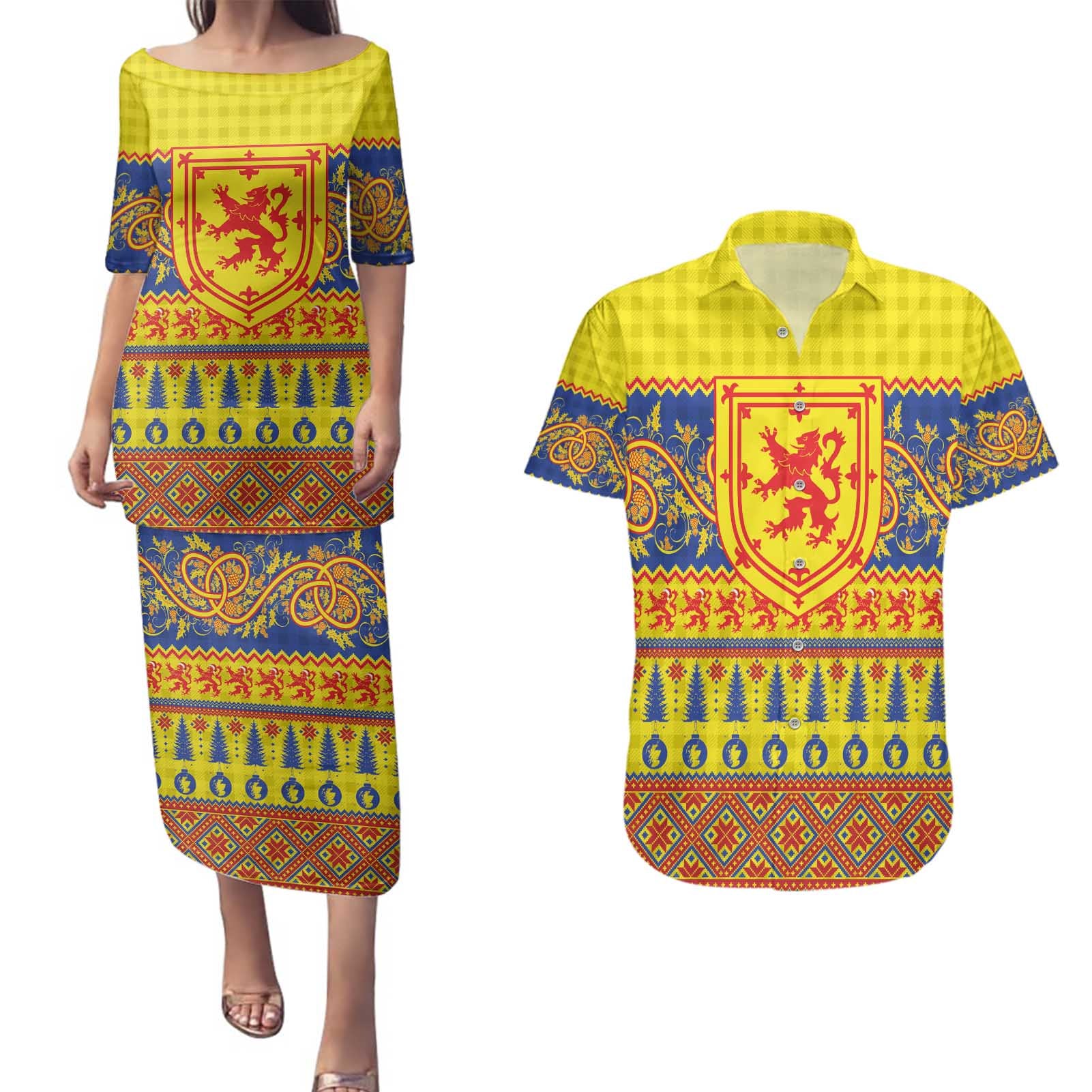 Scottish Christmas Couples Matching Puletasi and Hawaiian Shirt Scotland Thistle and Celtic Knot Yellow-Red Color - Wonder Print Shop