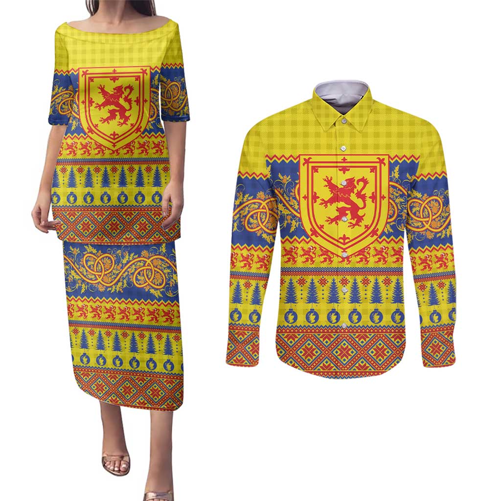Scottish Christmas Couples Matching Puletasi and Long Sleeve Button Shirt Scotland Thistle and Celtic Knot Yellow-Red Color - Wonder Print Shop