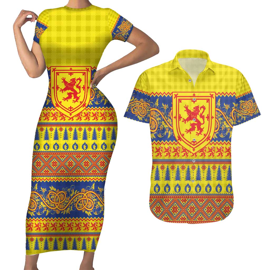 Scottish Christmas Couples Matching Short Sleeve Bodycon Dress and Hawaiian Shirt Scotland Thistle and Celtic Knot Yellow-Red Color - Wonder Print Shop