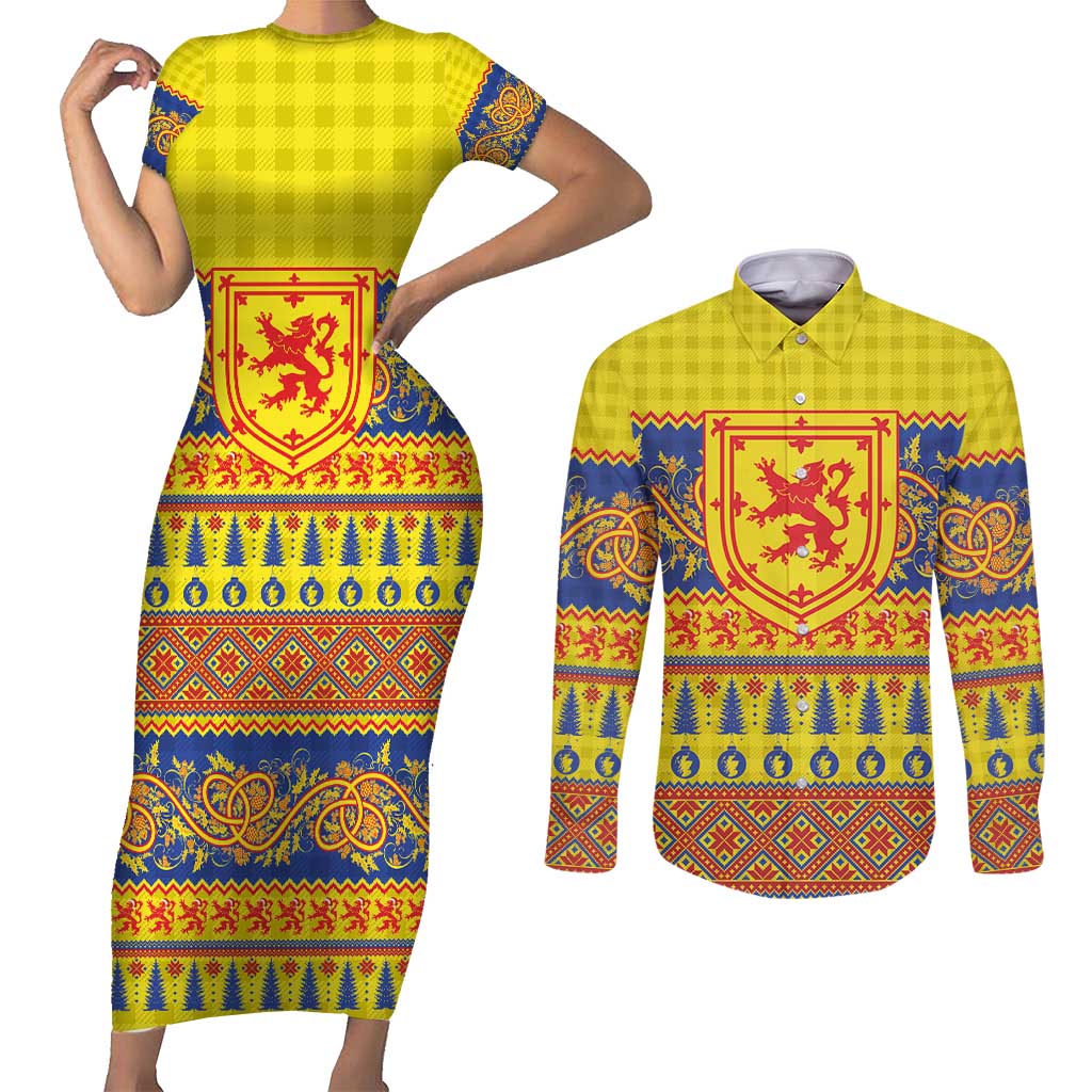Scottish Christmas Couples Matching Short Sleeve Bodycon Dress and Long Sleeve Button Shirt Scotland Thistle and Celtic Knot Yellow-Red Color - Wonder Print Shop