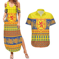 Scottish Christmas Couples Matching Summer Maxi Dress and Hawaiian Shirt Scotland Thistle and Celtic Knot Yellow-Red Color - Wonder Print Shop