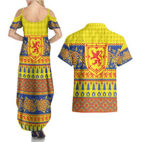 Scottish Christmas Couples Matching Summer Maxi Dress and Hawaiian Shirt Scotland Thistle and Celtic Knot Yellow-Red Color - Wonder Print Shop
