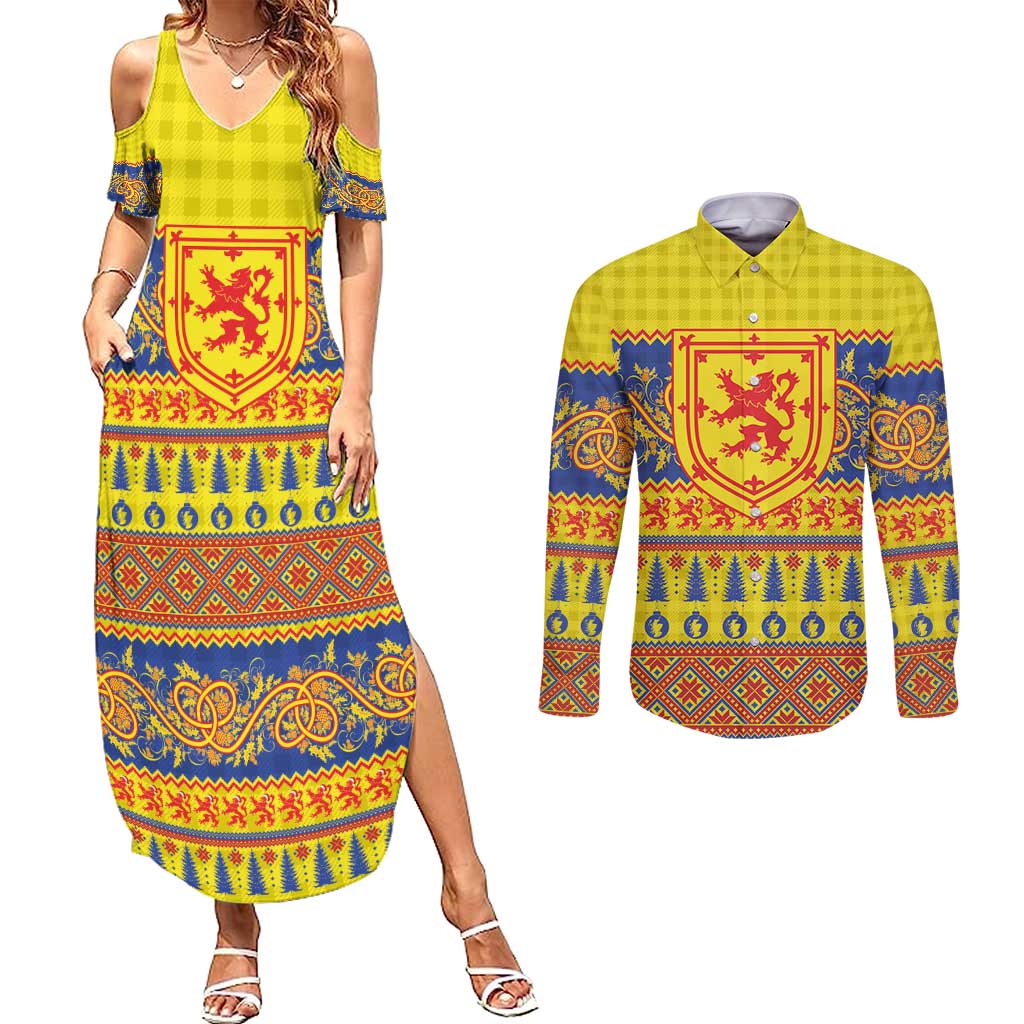 Scottish Christmas Couples Matching Summer Maxi Dress and Long Sleeve Button Shirt Scotland Thistle and Celtic Knot Yellow-Red Color - Wonder Print Shop