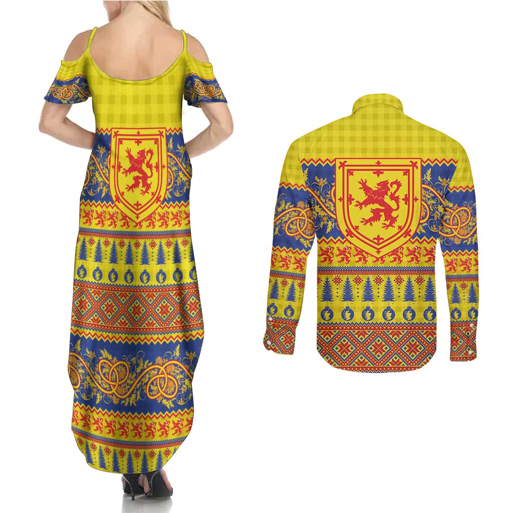 Scottish Christmas Couples Matching Summer Maxi Dress and Long Sleeve Button Shirt Scotland Thistle and Celtic Knot Yellow-Red Color - Wonder Print Shop
