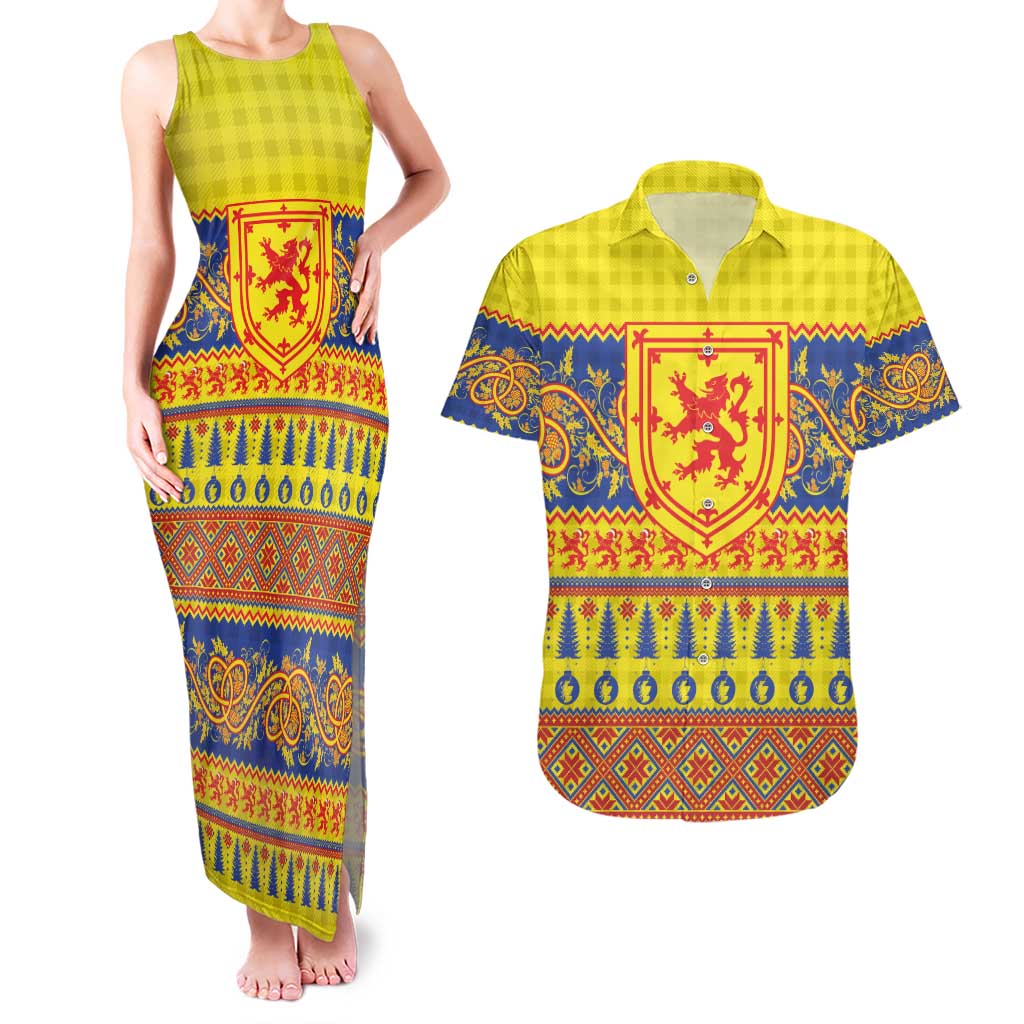 Scottish Christmas Couples Matching Tank Maxi Dress and Hawaiian Shirt Scotland Thistle and Celtic Knot Yellow-Red Color - Wonder Print Shop