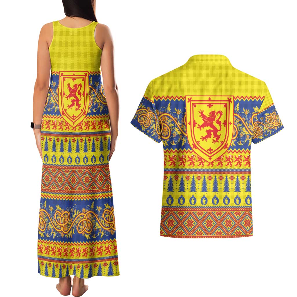 Scottish Christmas Couples Matching Tank Maxi Dress and Hawaiian Shirt Scotland Thistle and Celtic Knot Yellow-Red Color - Wonder Print Shop