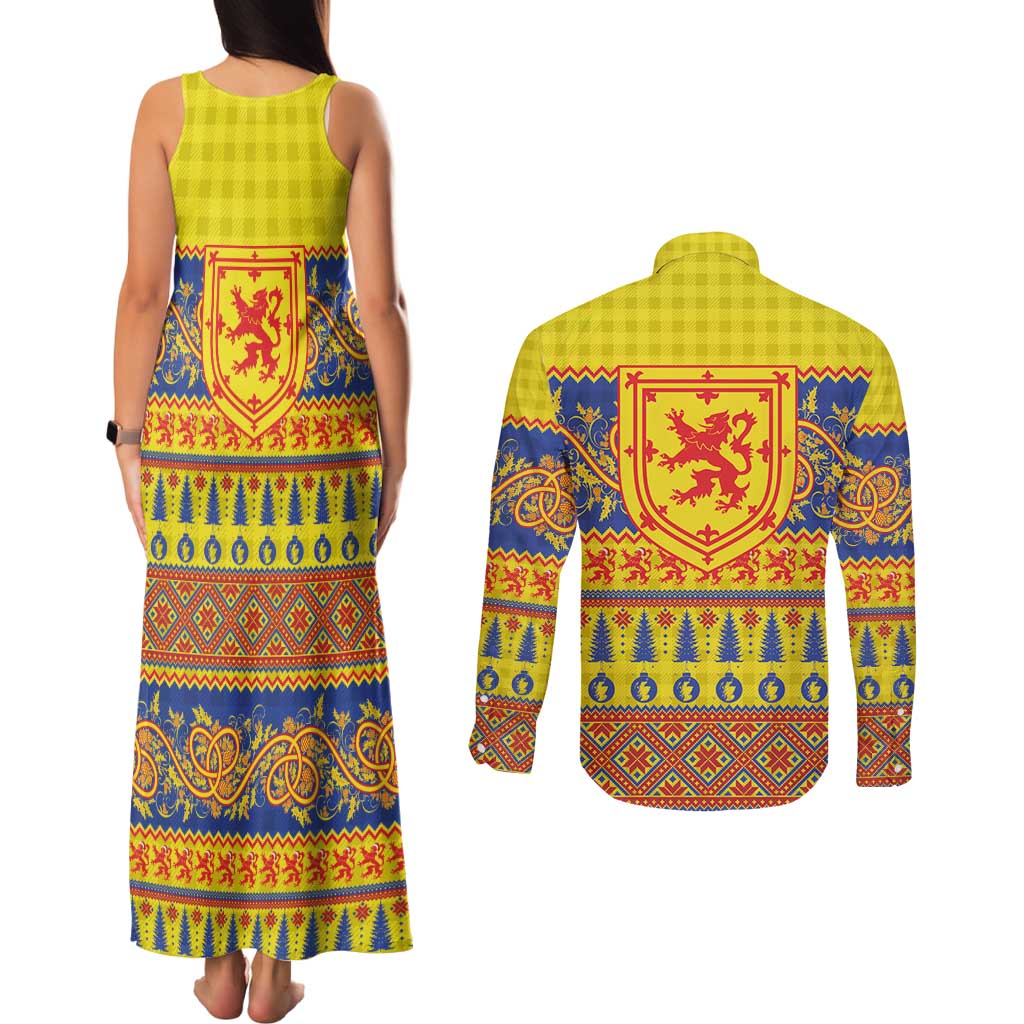 Scottish Christmas Couples Matching Tank Maxi Dress and Long Sleeve Button Shirt Scotland Thistle and Celtic Knot Yellow-Red Color - Wonder Print Shop