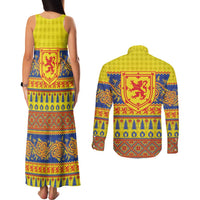 Scottish Christmas Couples Matching Tank Maxi Dress and Long Sleeve Button Shirt Scotland Thistle and Celtic Knot Yellow-Red Color - Wonder Print Shop