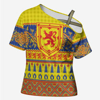 Scottish Christmas Cross Shoulder Shirt Scotland Thistle and Celtic Knot Yellow-Red Color - Wonder Print Shop