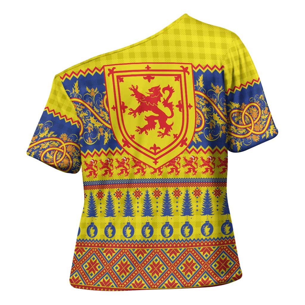 Scottish Christmas Cross Shoulder Shirt Scotland Thistle and Celtic Knot Yellow-Red Color - Wonder Print Shop