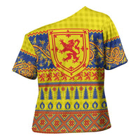 Scottish Christmas Cross Shoulder Shirt Scotland Thistle and Celtic Knot Yellow-Red Color - Wonder Print Shop