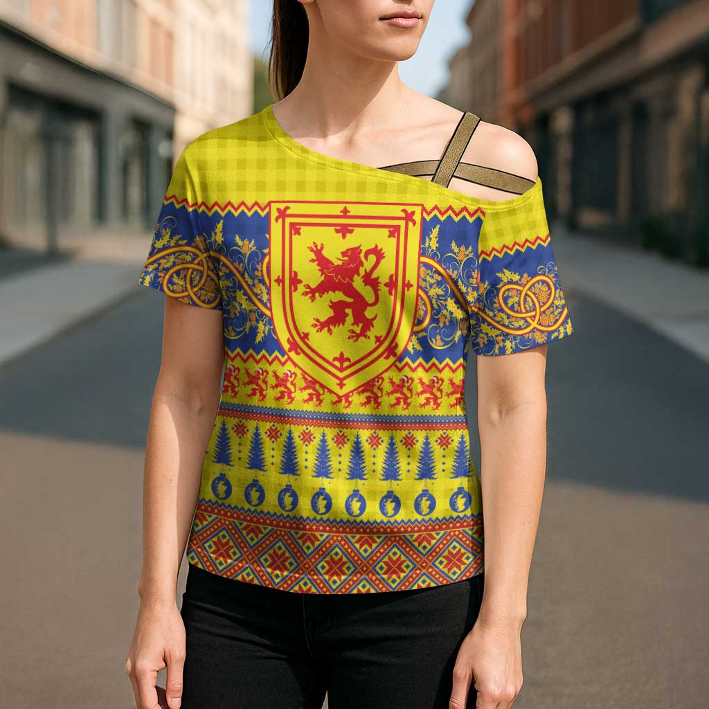 Scottish Christmas Cross Shoulder Shirt Scotland Thistle and Celtic Knot Yellow-Red Color - Wonder Print Shop