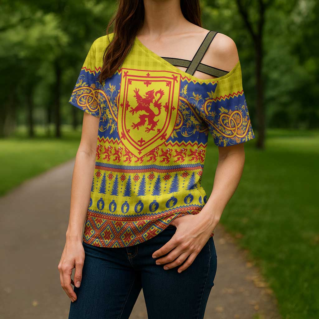 Scottish Christmas Cross Shoulder Shirt Scotland Thistle and Celtic Knot Yellow-Red Color - Wonder Print Shop