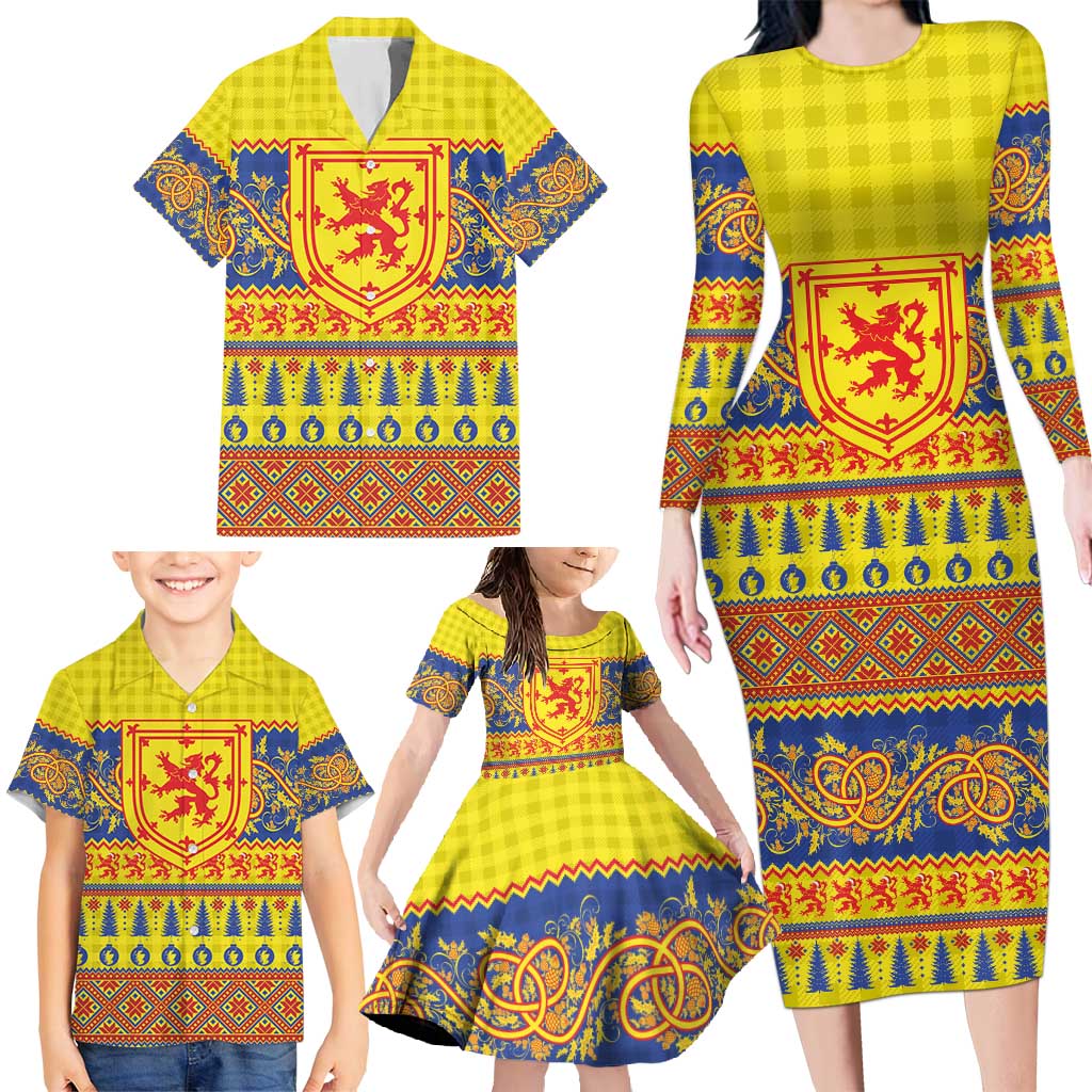 Scottish Christmas Family Matching Long Sleeve Bodycon Dress and Hawaiian Shirt Scotland Thistle and Celtic Knot Yellow-Red Color - Wonder Print Shop