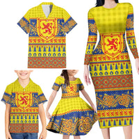 Scottish Christmas Family Matching Long Sleeve Bodycon Dress and Hawaiian Shirt Scotland Thistle and Celtic Knot Yellow-Red Color - Wonder Print Shop